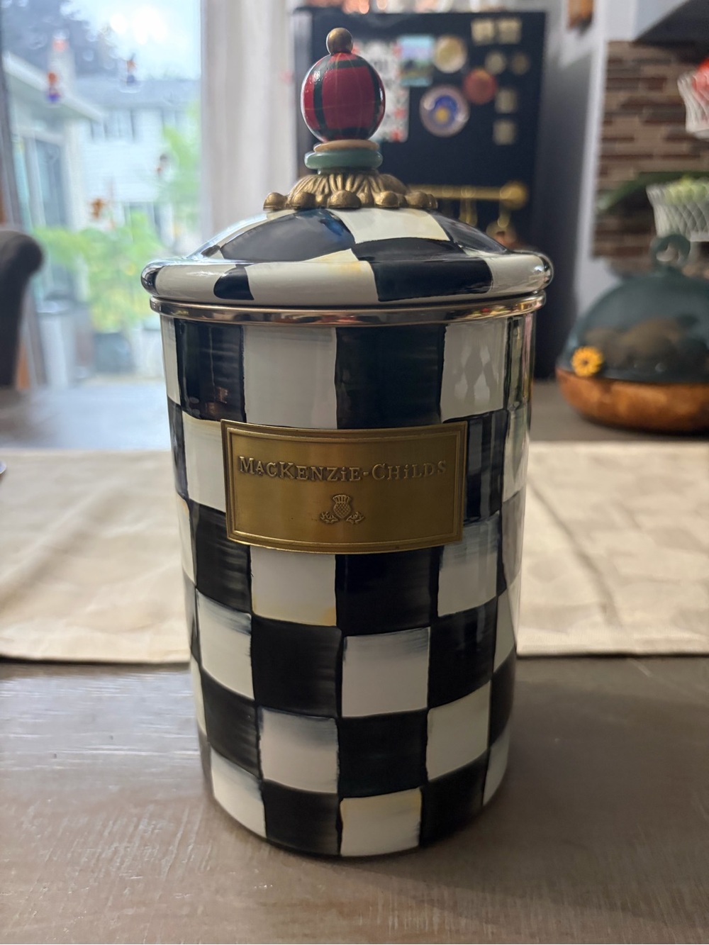 MacKenzie-Childs Black & White Courtly Check Ceramic Canister with Tartan Finial